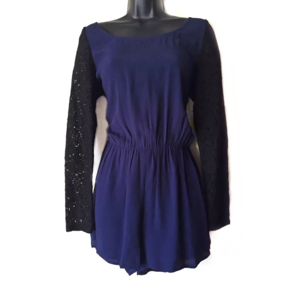 ELINE ROMPER BLUE BLACK LACE LONG SLEEVE BACKLESS
